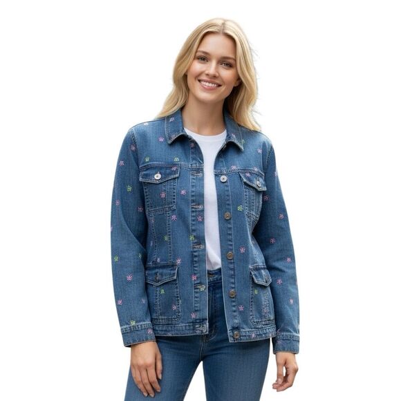 Vintage ALFRED DUNNER Denim Jacket Size 12 Blue 80s Embroidered Butterfly Cute! - Picture 3 of 14
